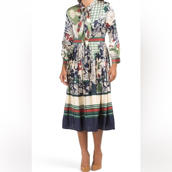 dalia macphee long sleeve bow tie neck pleat skirt dress